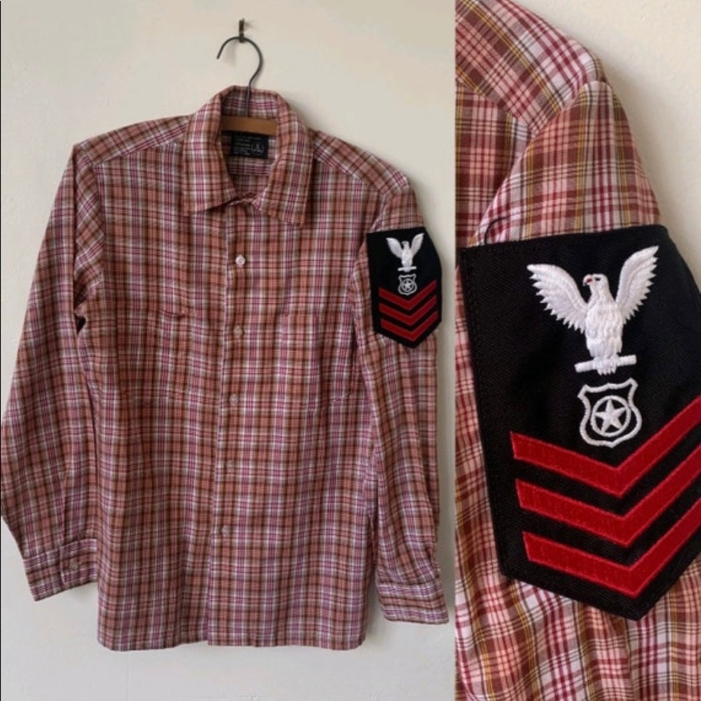 Vintage Red Plaid Shirt 60’s Mid Century Mod Military Patched Shirt
